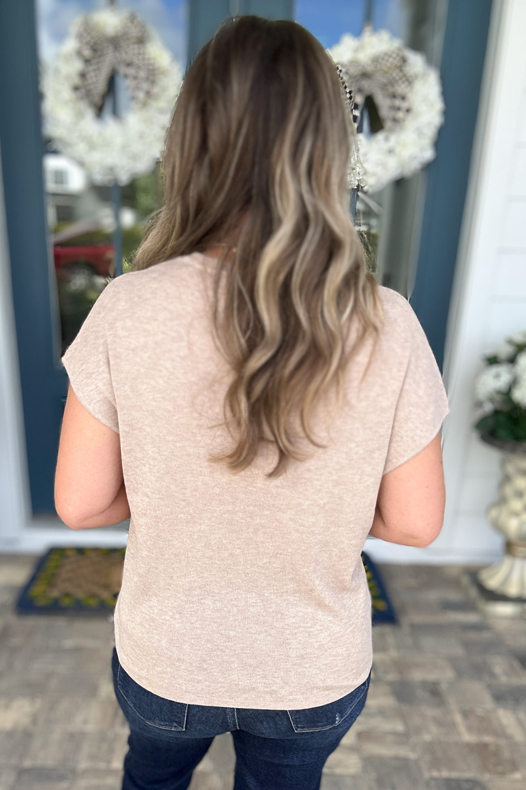 Line Up Short Sleeve Sweater Top - Taupe