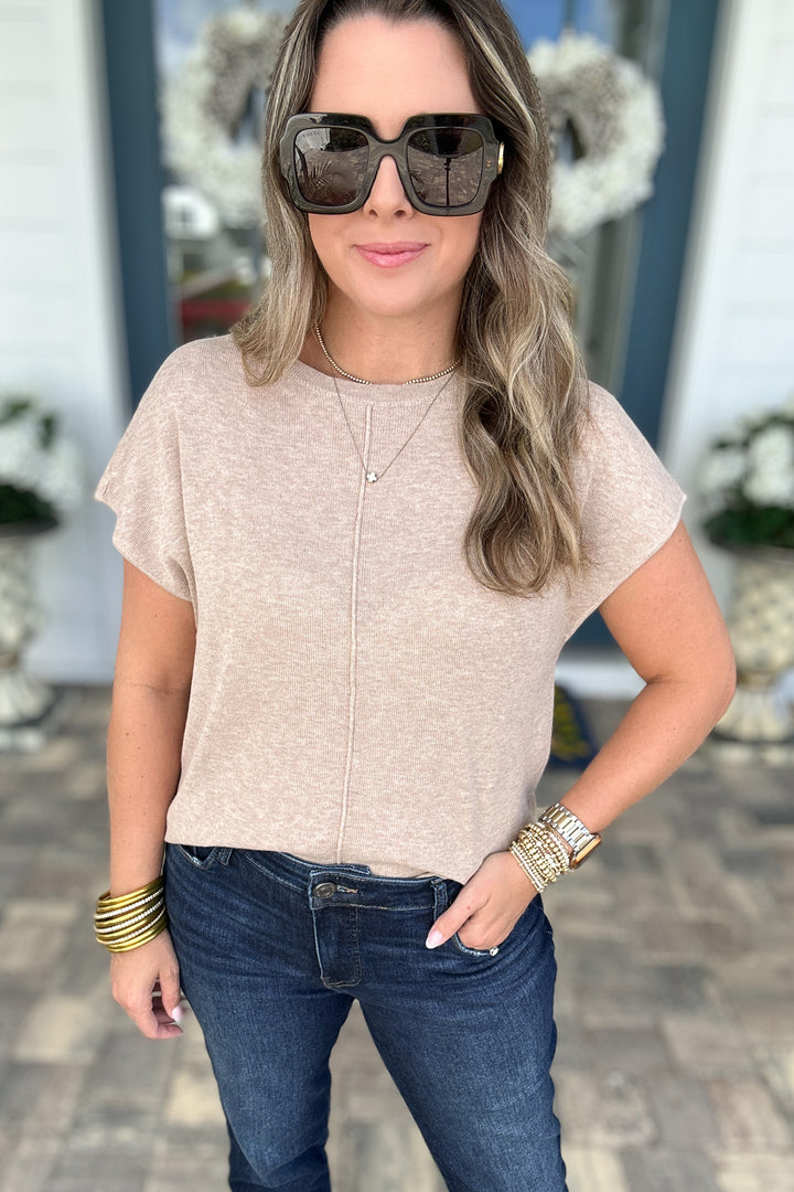 Line Up Short Sleeve Sweater Top - Taupe