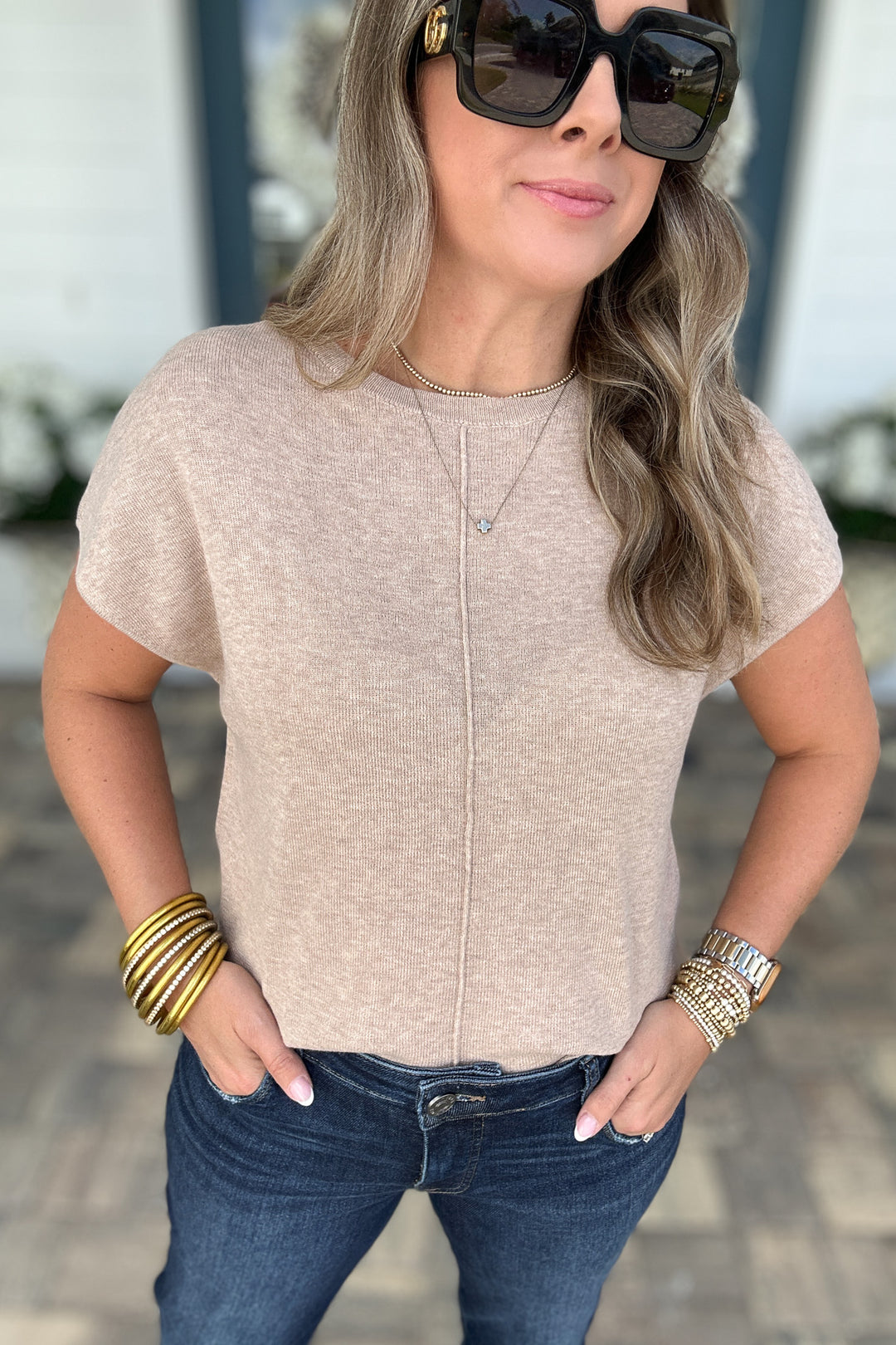 Line Up Short Sleeve Sweater Top - Taupe