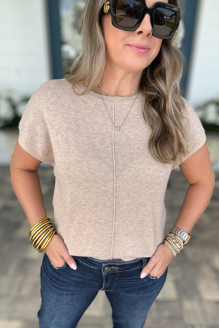 Line Up Short Sleeve Sweater Top - Taupe