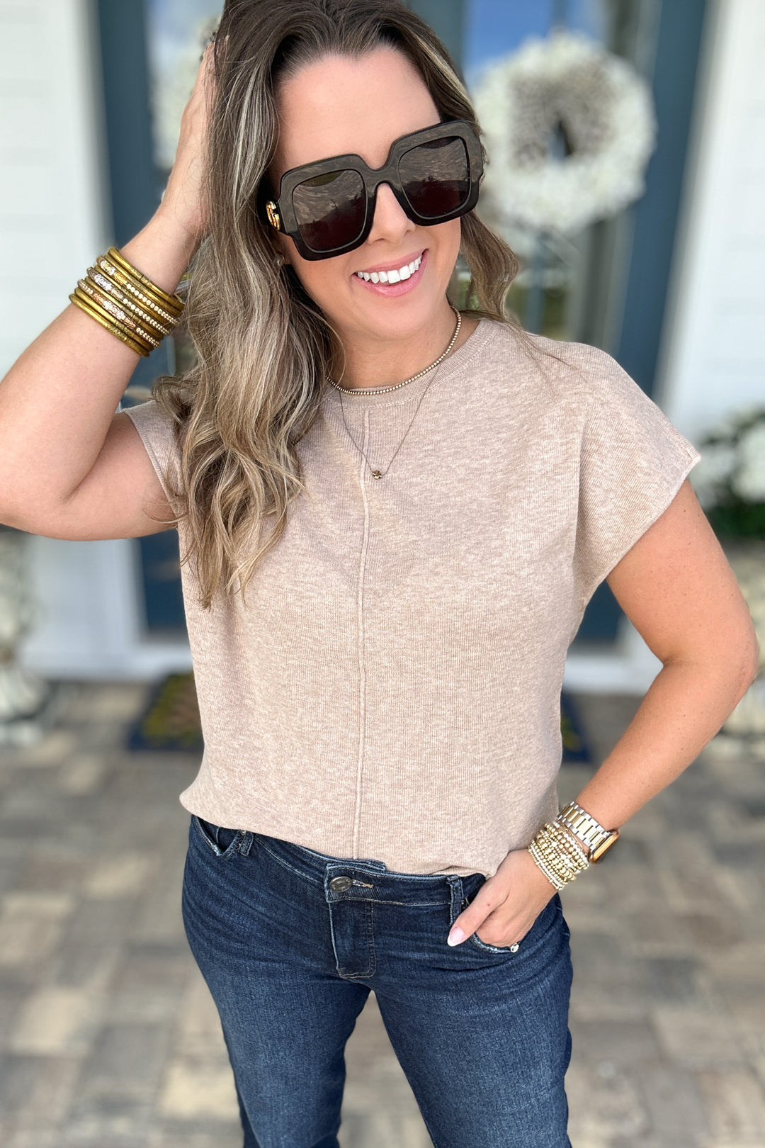 Line Up Short Sleeve Sweater Top - Taupe