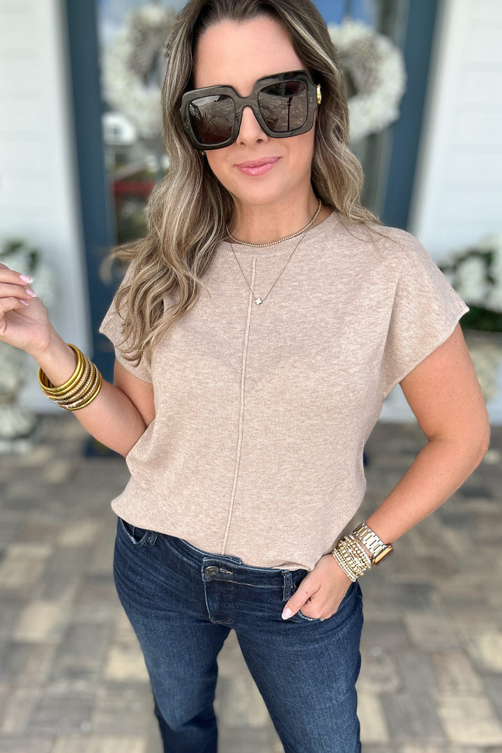 Line Up Short Sleeve Sweater Top - Taupe