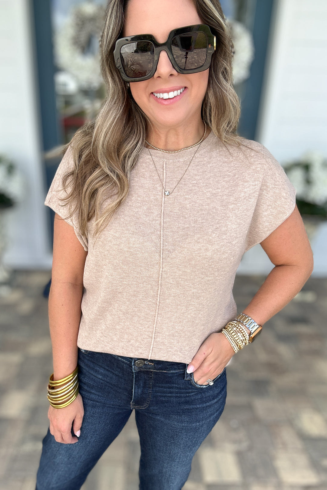 Line Up Short Sleeve Sweater Top - Taupe
