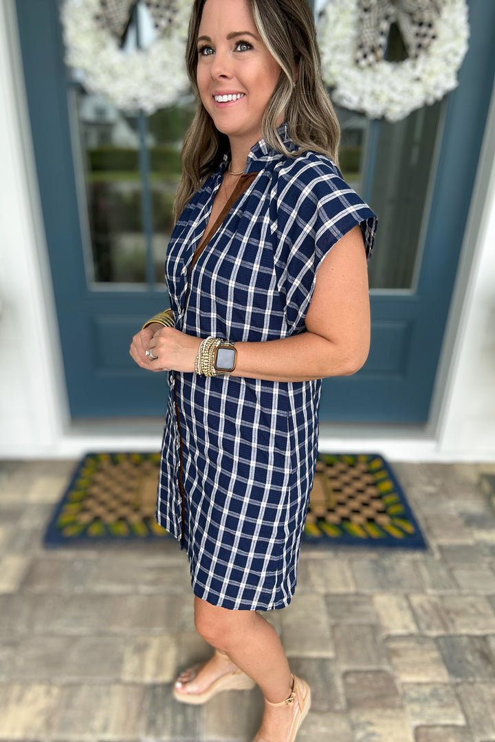THML: Plaid Is Better Button Front Dress - Navy