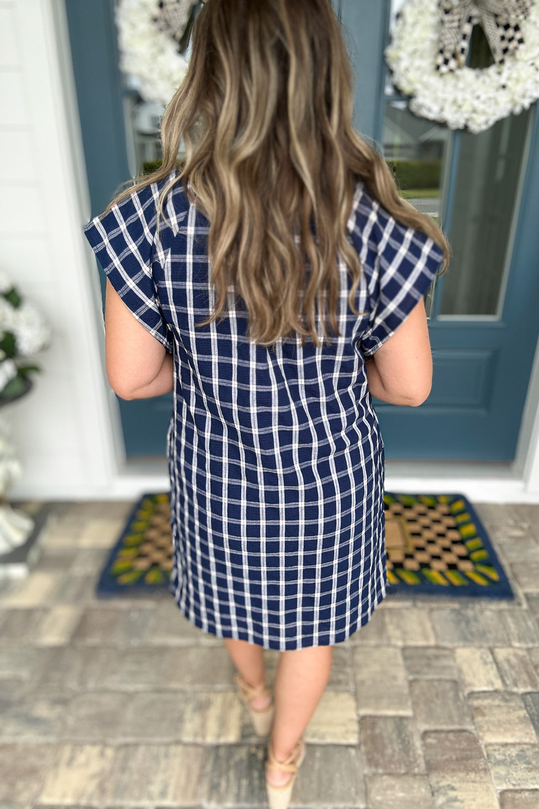 THML: Plaid Is Better Button Front Dress - Navy