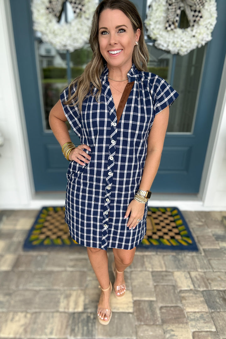 THML: Plaid Is Better Button Front Dress - Navy
