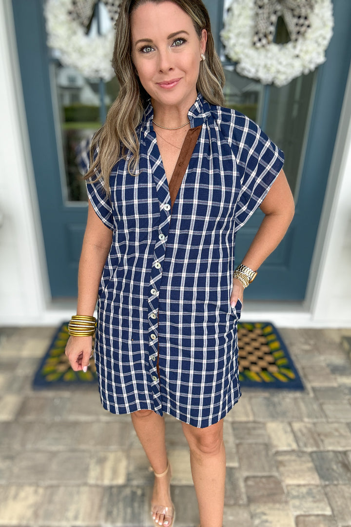 THML: Plaid Is Better Button Front Dress - Navy