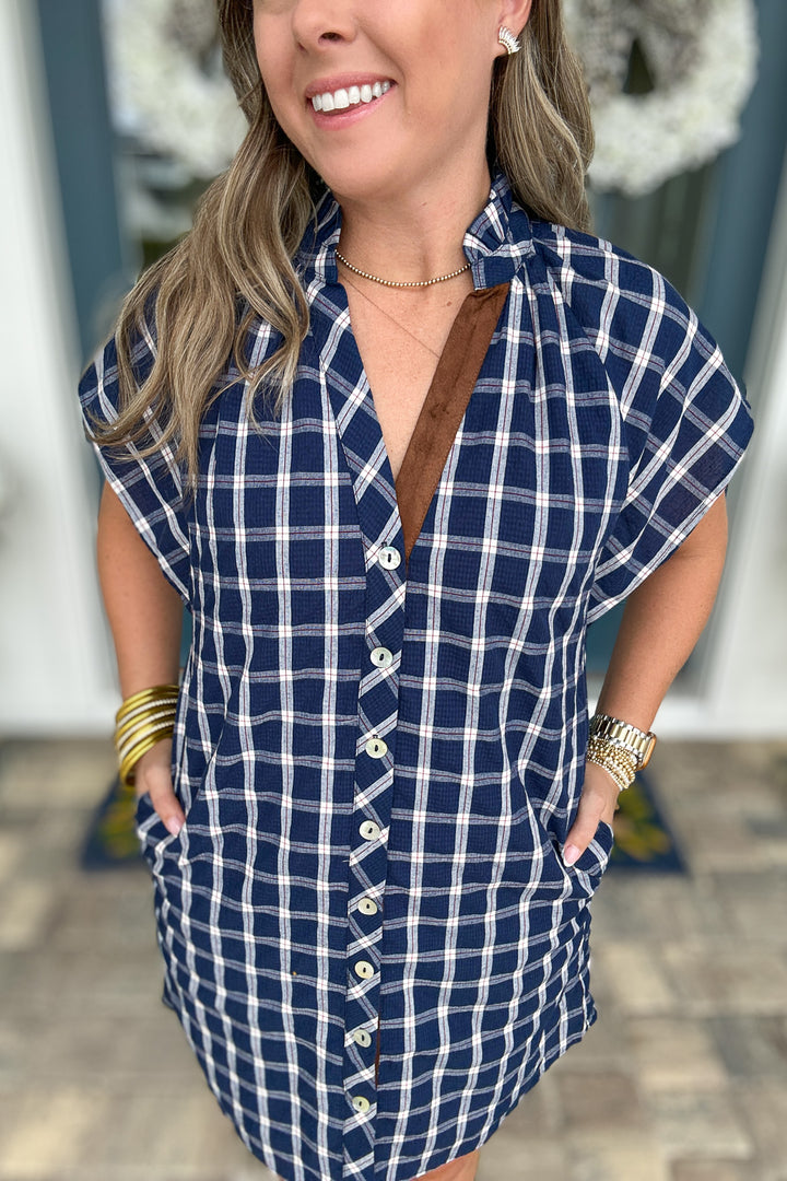 THML: Plaid Is Better Button Front Dress - Navy