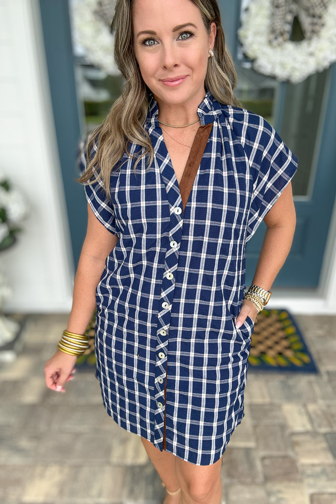 THML: Plaid Is Better Button Front Dress - Navy