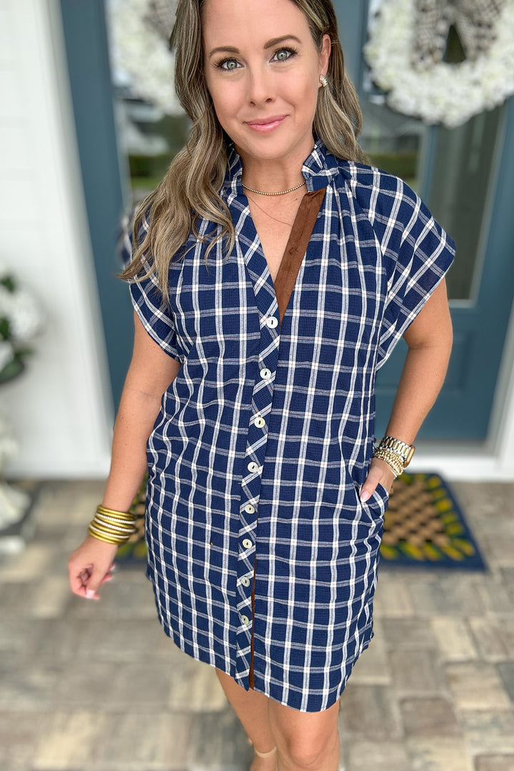 THML: Plaid Is Better Button Front Dress - Navy