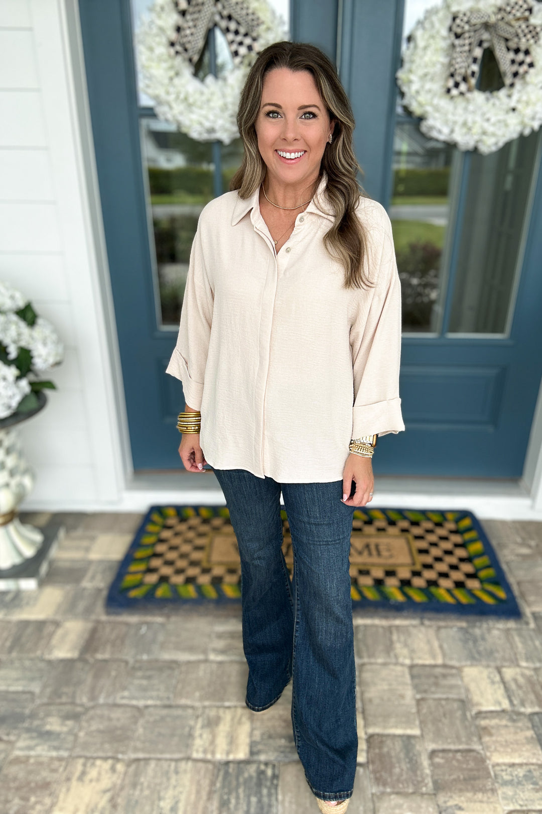 Fold Cuff Detail Button Down Top - Oatmeal