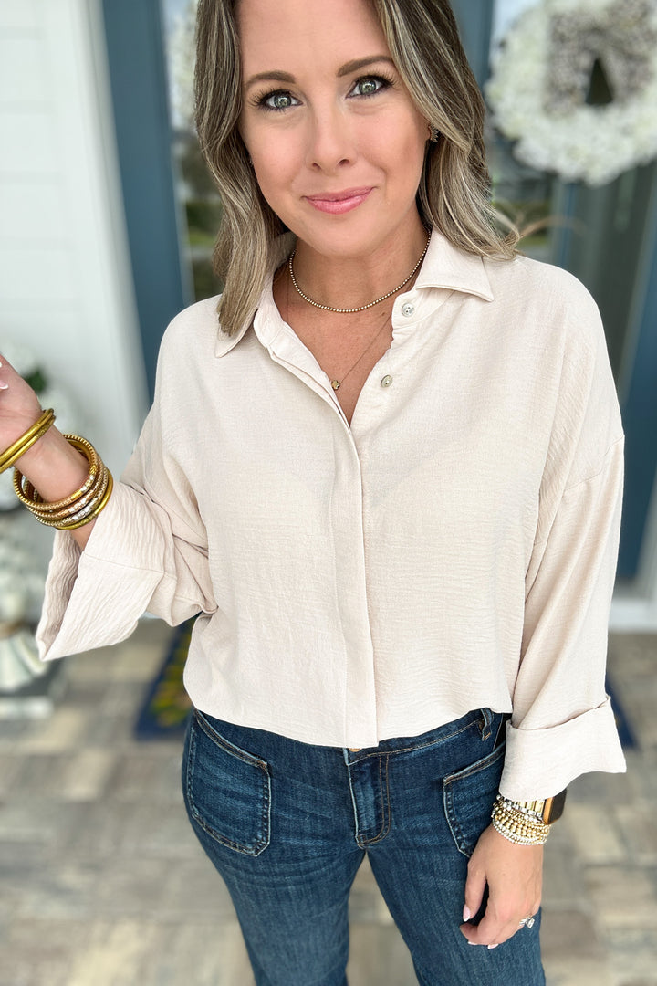 Fold Cuff Detail Button Down Top - Oatmeal