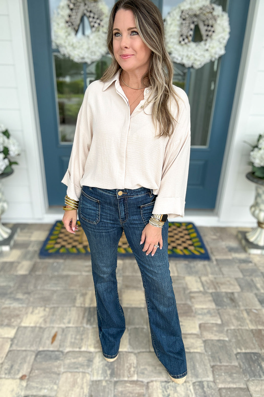 Fold Cuff Detail Button Down Top - Oatmeal