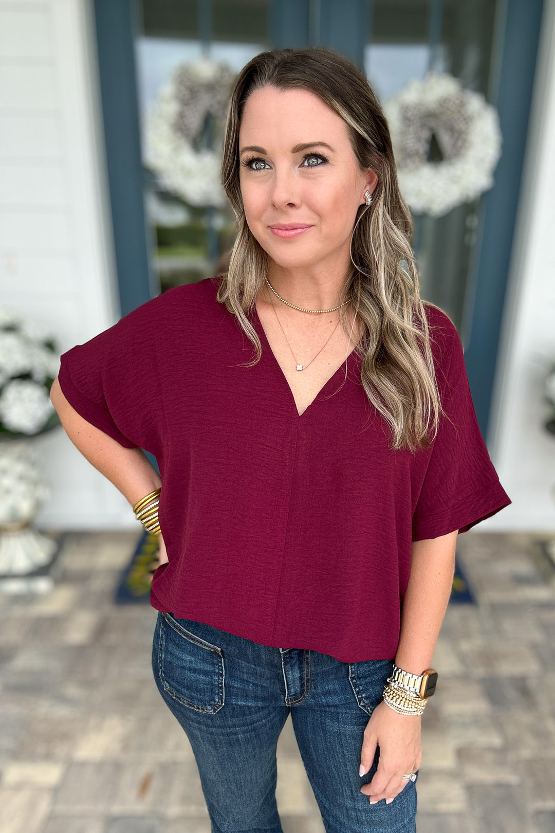 V-Neck Classic Top - Wine
