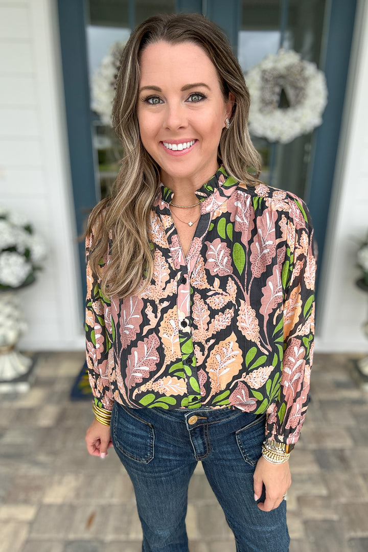 Button Front Leaf Blouse- Black