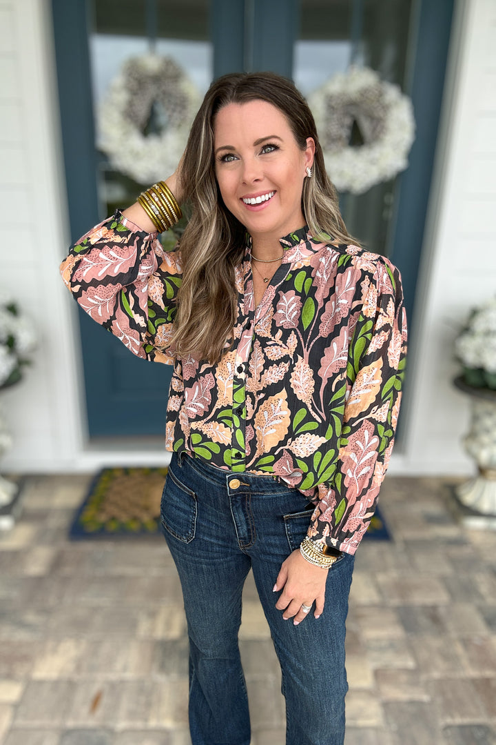 Button Front Leaf Blouse- Black