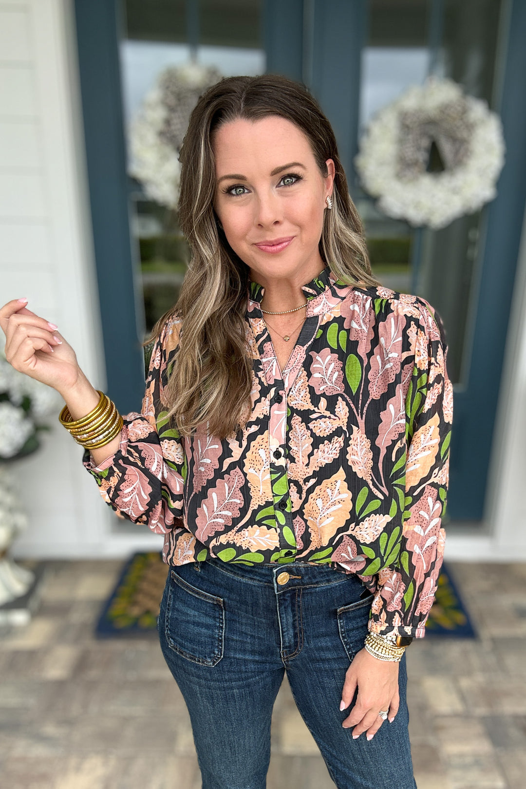 Button Front Leaf Blouse- Black