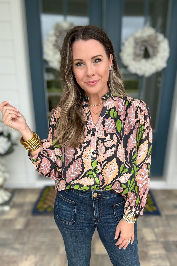 Button Front Leaf Blouse- Black