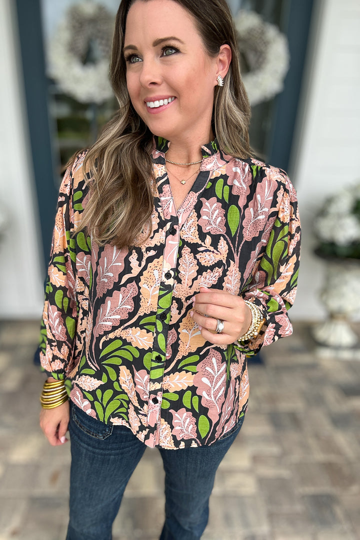 Button Front Leaf Blouse- Black