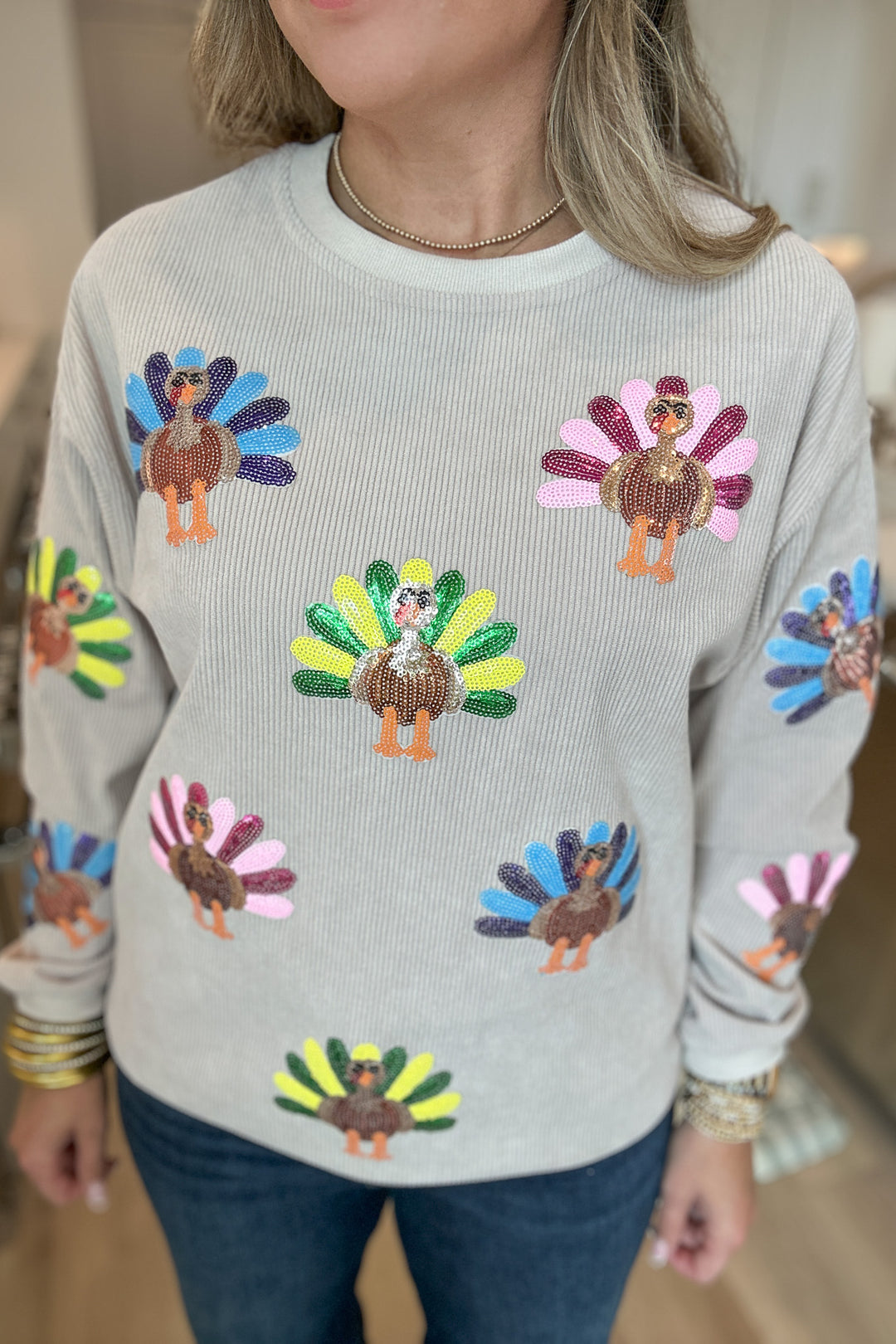 Sequin Turkey Corded Sweatshirt - Smoke Gray
