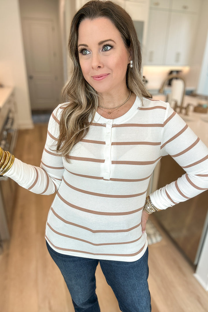 Classic Ribbed Stripe Henley - Camel