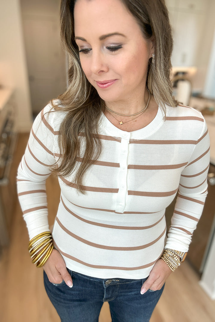 Classic Ribbed Stripe Henley - Camel