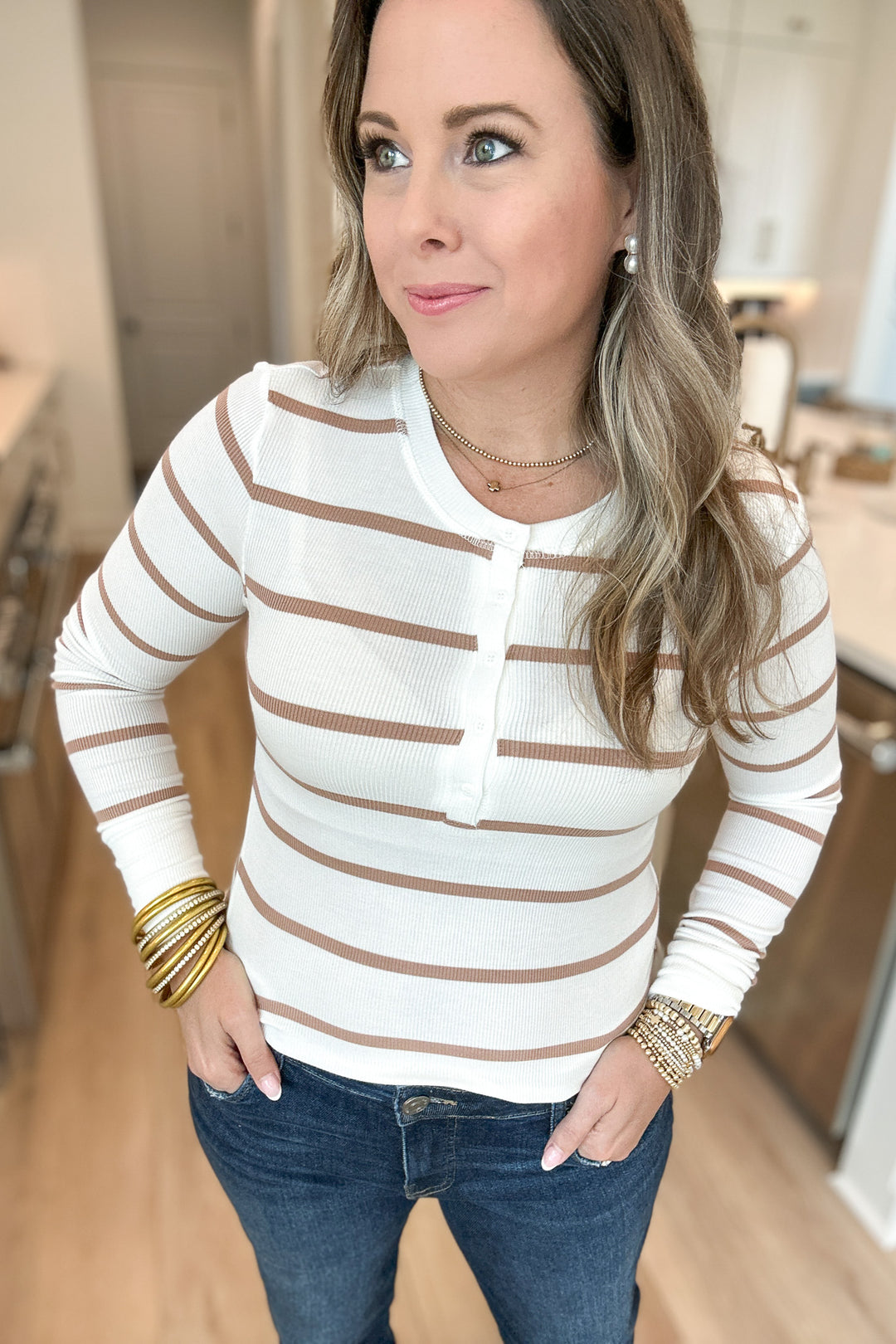 Classic Ribbed Stripe Henley - Camel