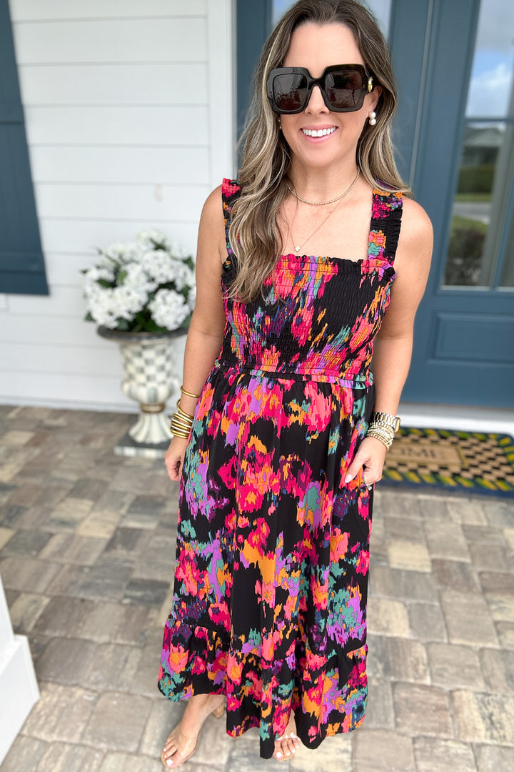 Girl On Fire Smocked Midi Dress - Black