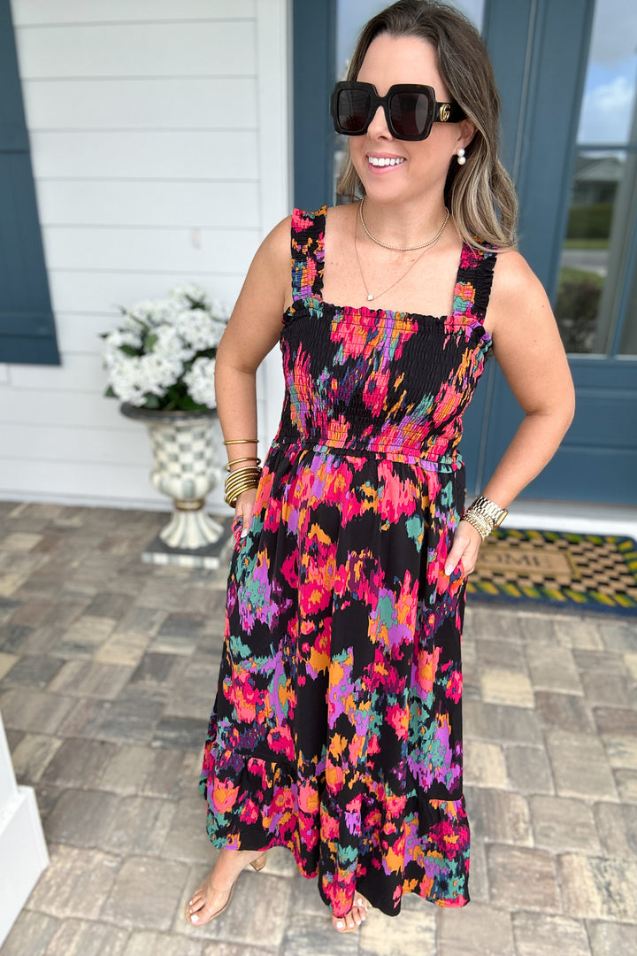 Girl On Fire Smocked Midi Dress - Black