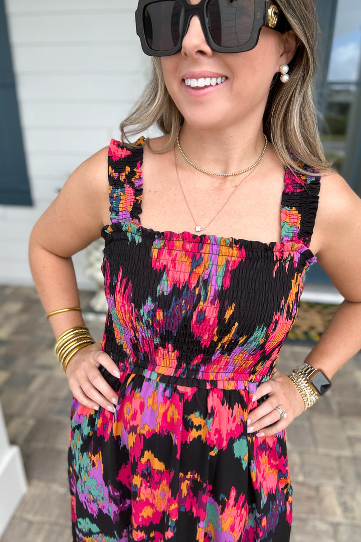 Girl On Fire Smocked Midi Dress - Black
