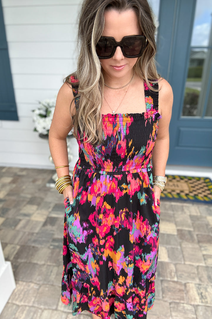 Girl On Fire Smocked Midi Dress - Black