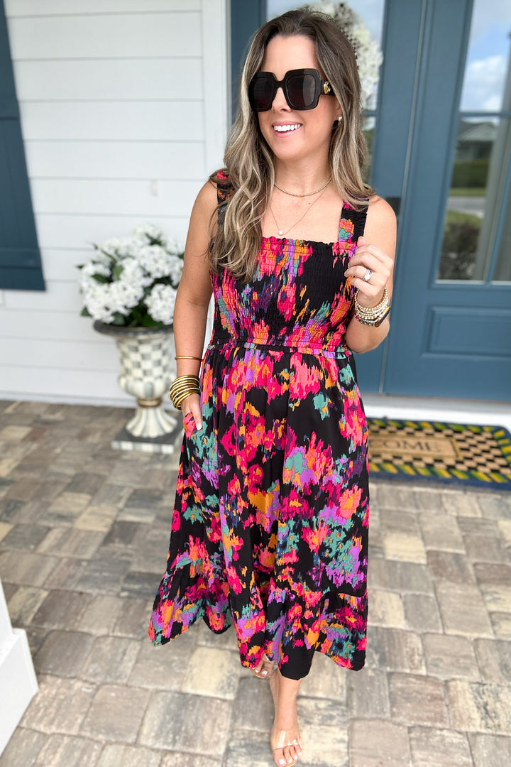 Girl On Fire Smocked Midi Dress - Black