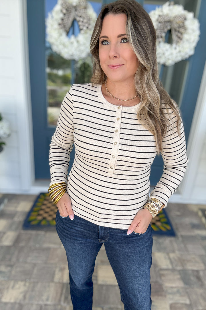 Z Supply: Eve Stripe Henley - Light Oatmeal Heather