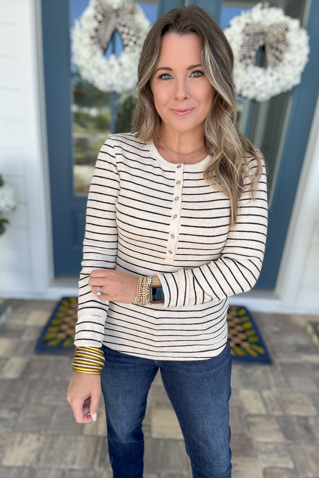 Z Supply: Eve Stripe Henley - Light Oatmeal Heather