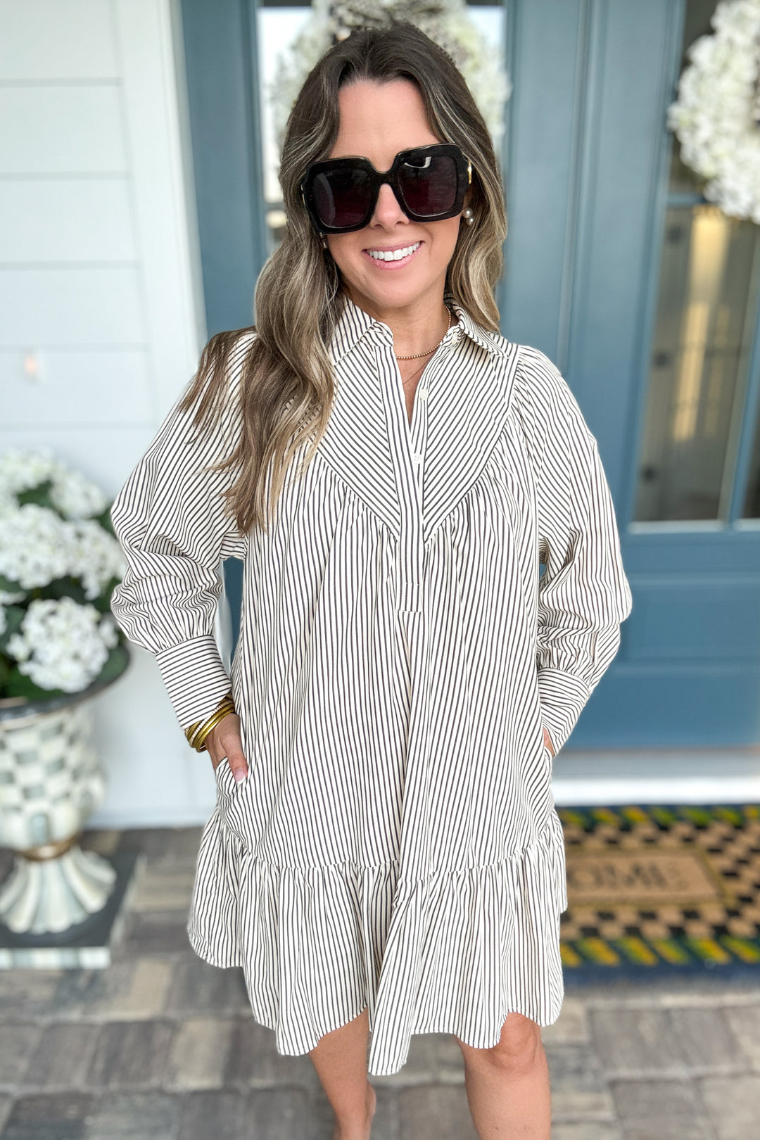 Sundown Stripe Ruffle Dress - Charcoal