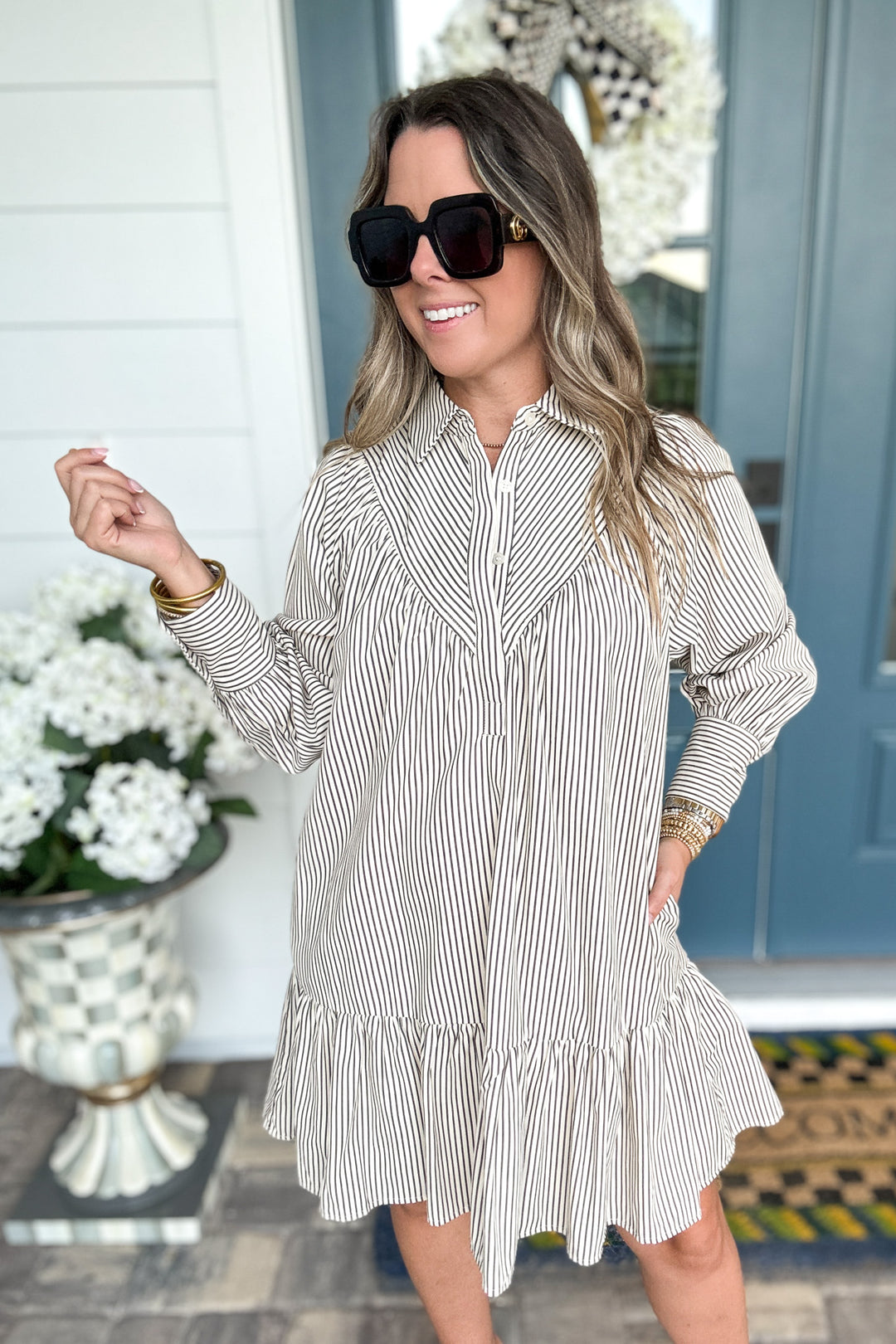 Sundown Stripe Ruffle Dress - Charcoal