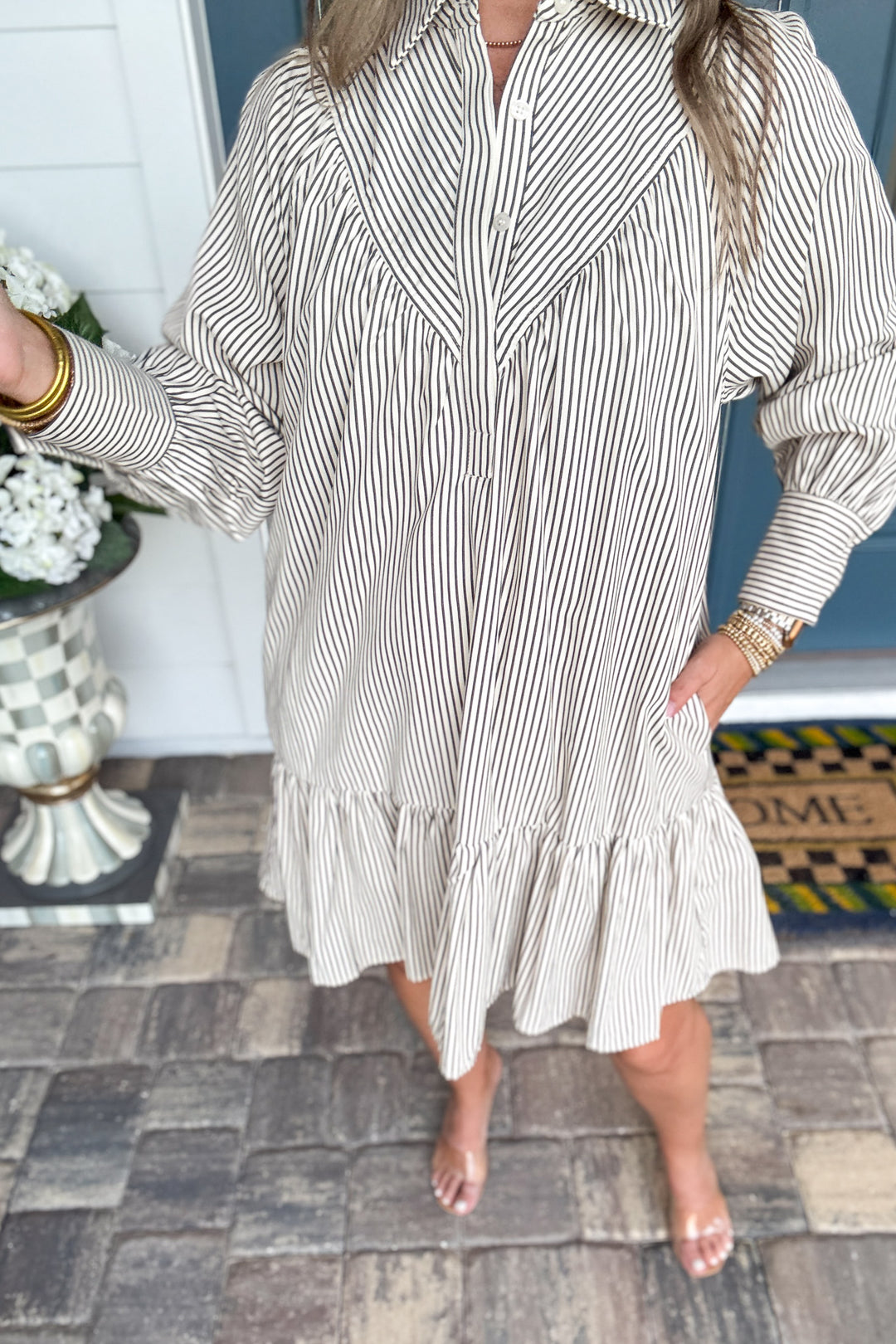 Sundown Stripe Ruffle Dress - Charcoal