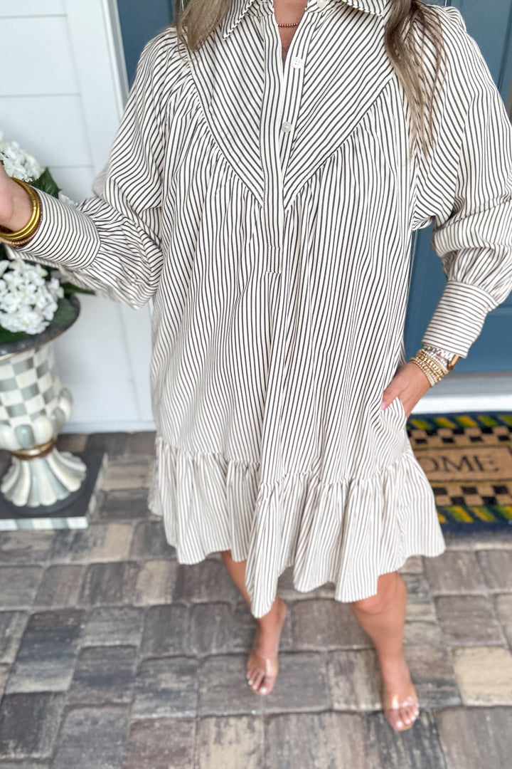 Sundown Stripe Ruffle Dress - Charcoal