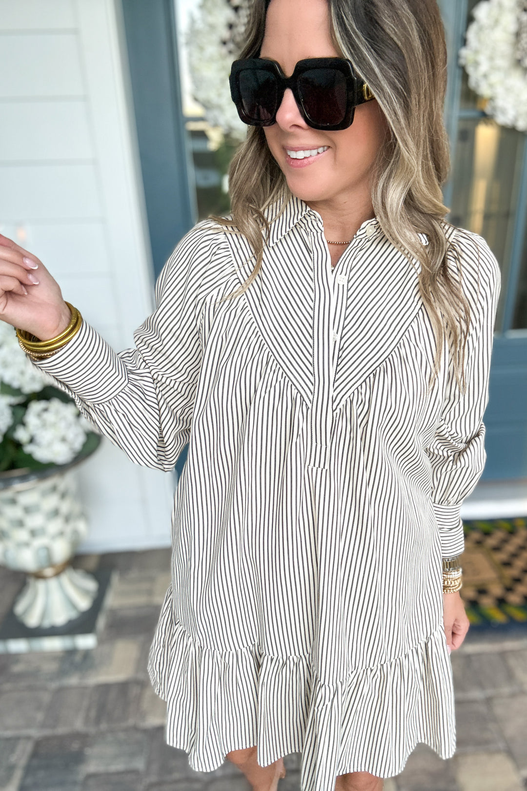 Sundown Stripe Ruffle Dress - Charcoal