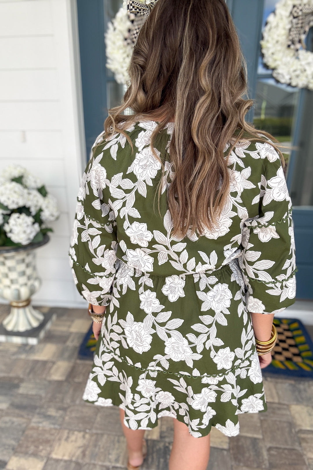 Haley Floral Split Neck Mini Dress - Green