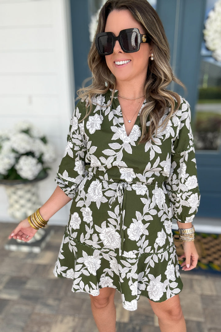 Haley Floral Split Neck Mini Dress - Green