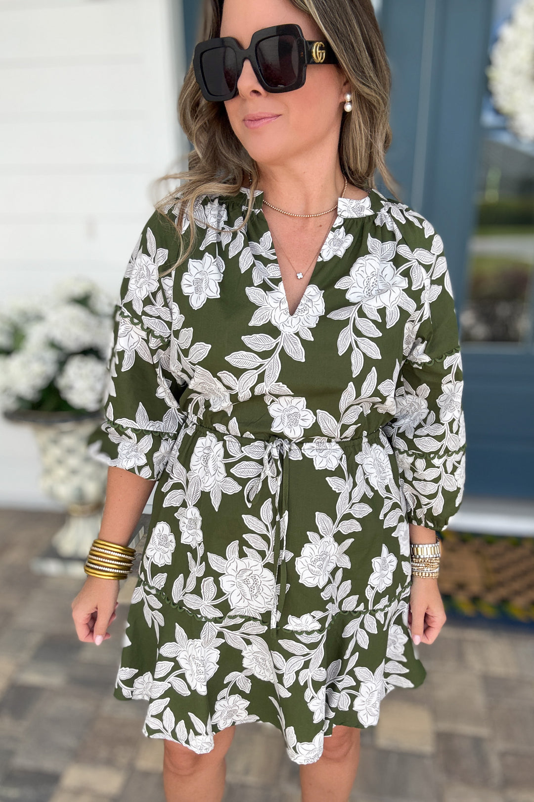 Haley Floral Split Neck Mini Dress - Green