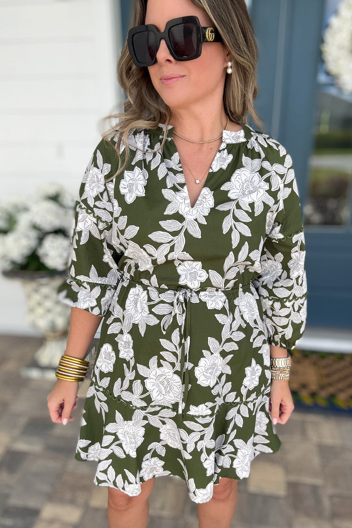 Haley Floral Split Neck Mini Dress - Green