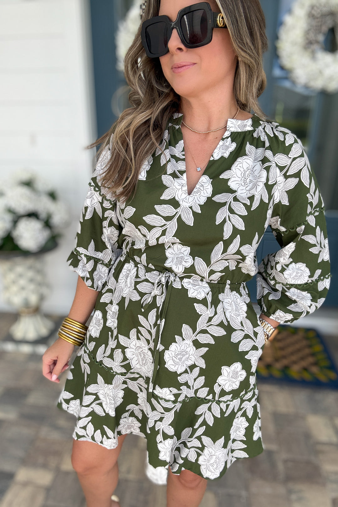 Haley Floral Split Neck Mini Dress - Green