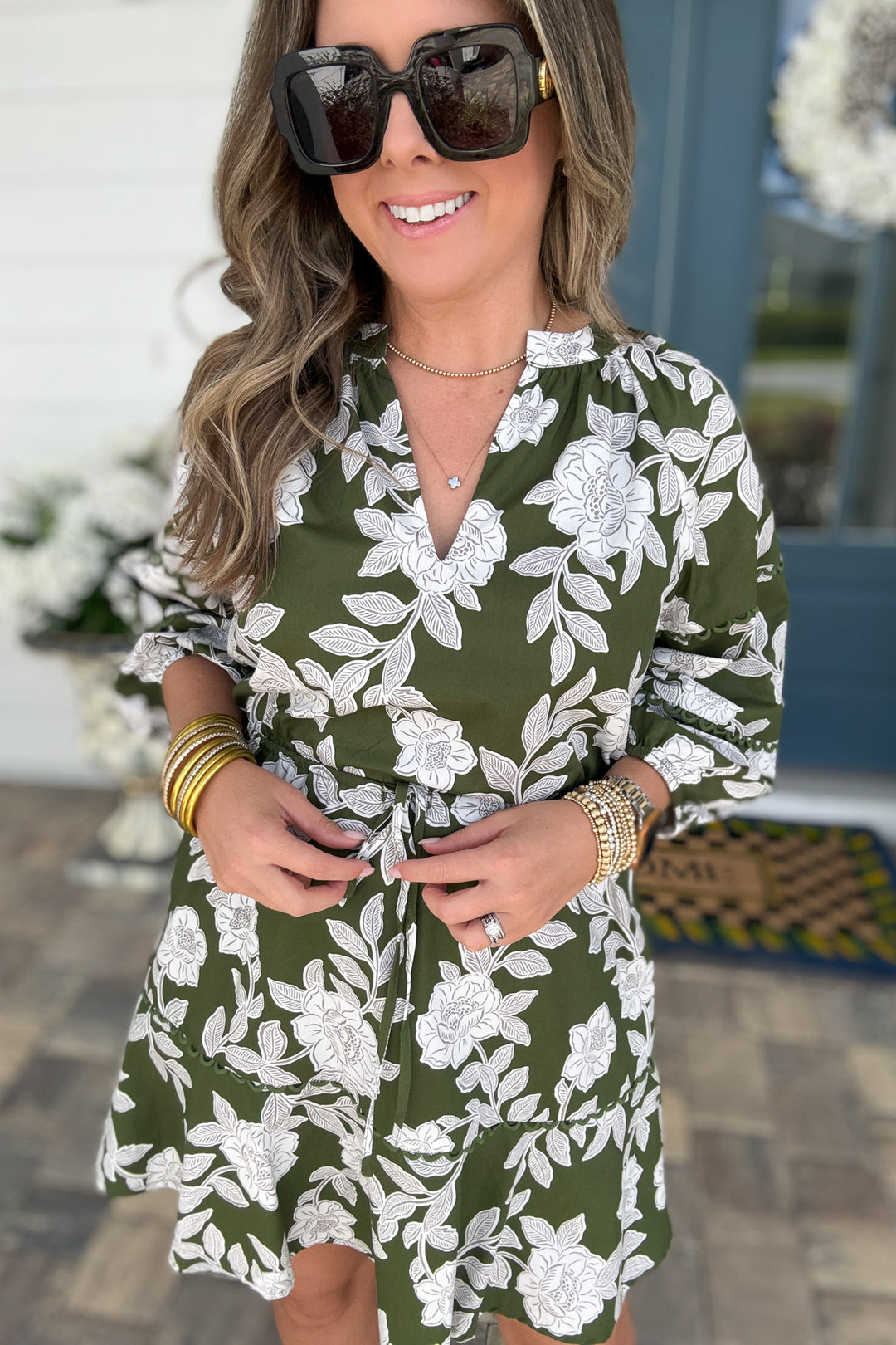 Haley Floral Split Neck Mini Dress - Green