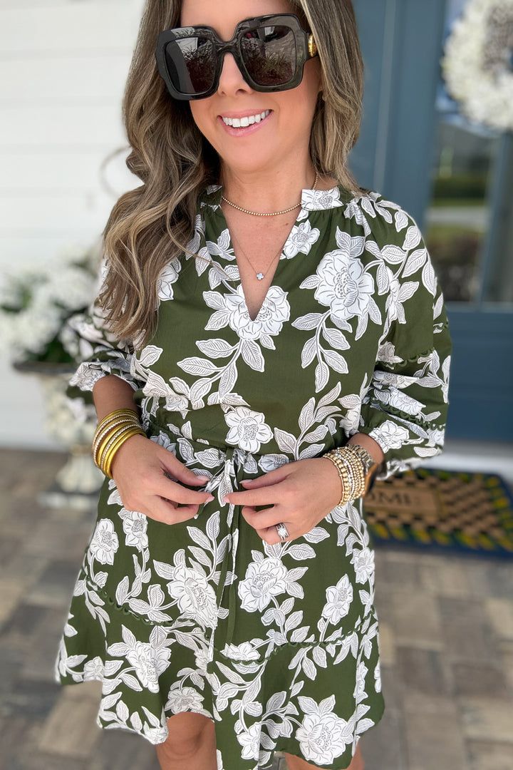 Haley Floral Split Neck Mini Dress - Green