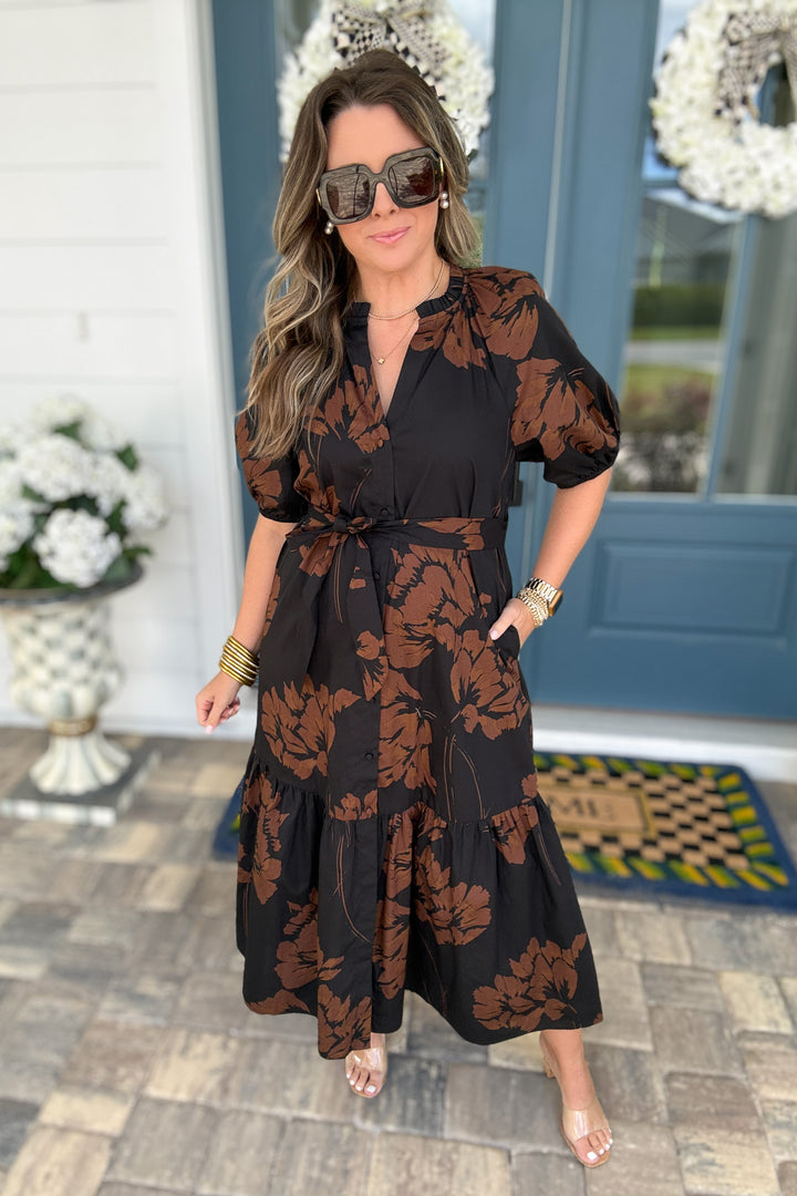 Celina Tiered Midi Dress: Brown