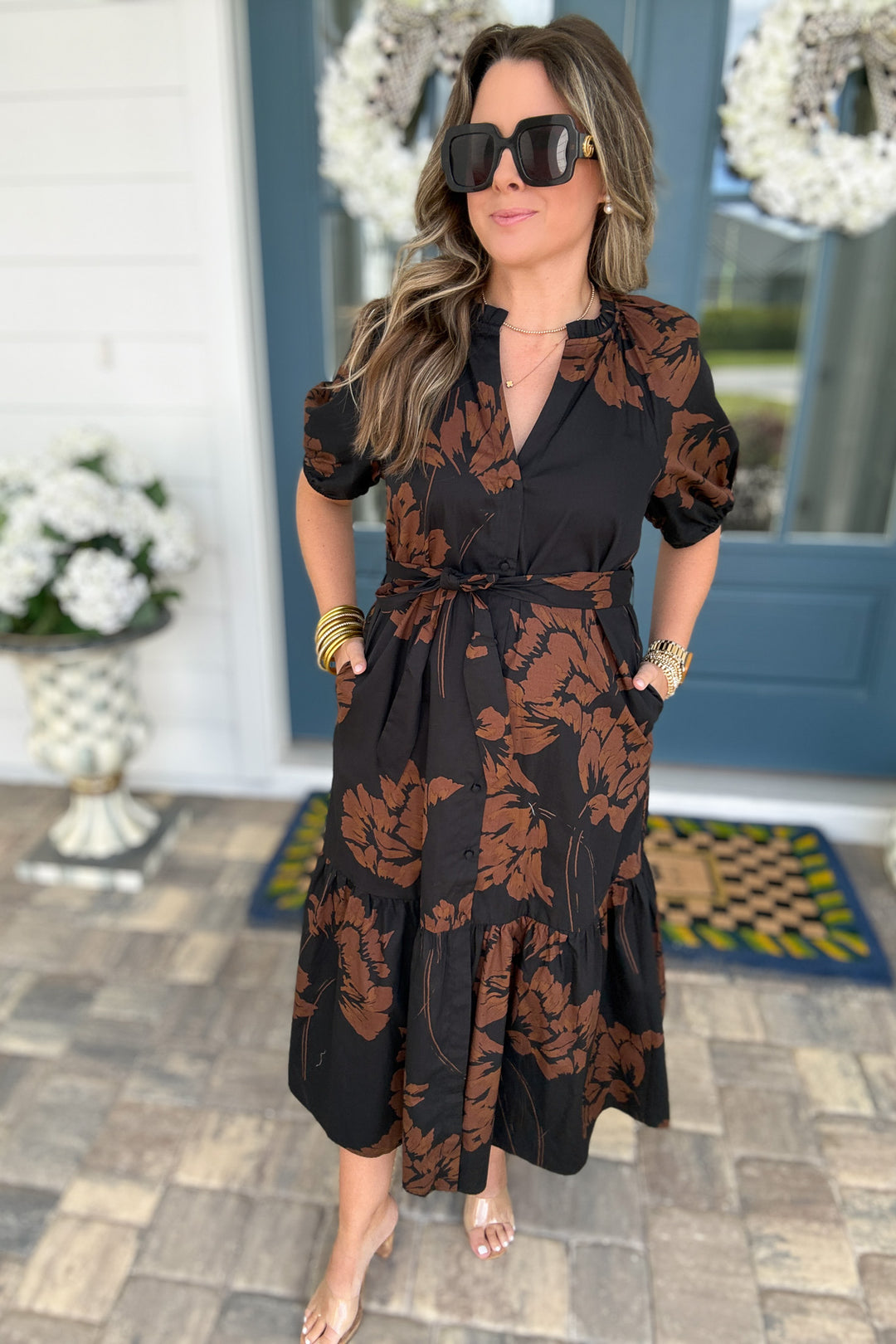 Celina Tiered Midi Dress: Brown