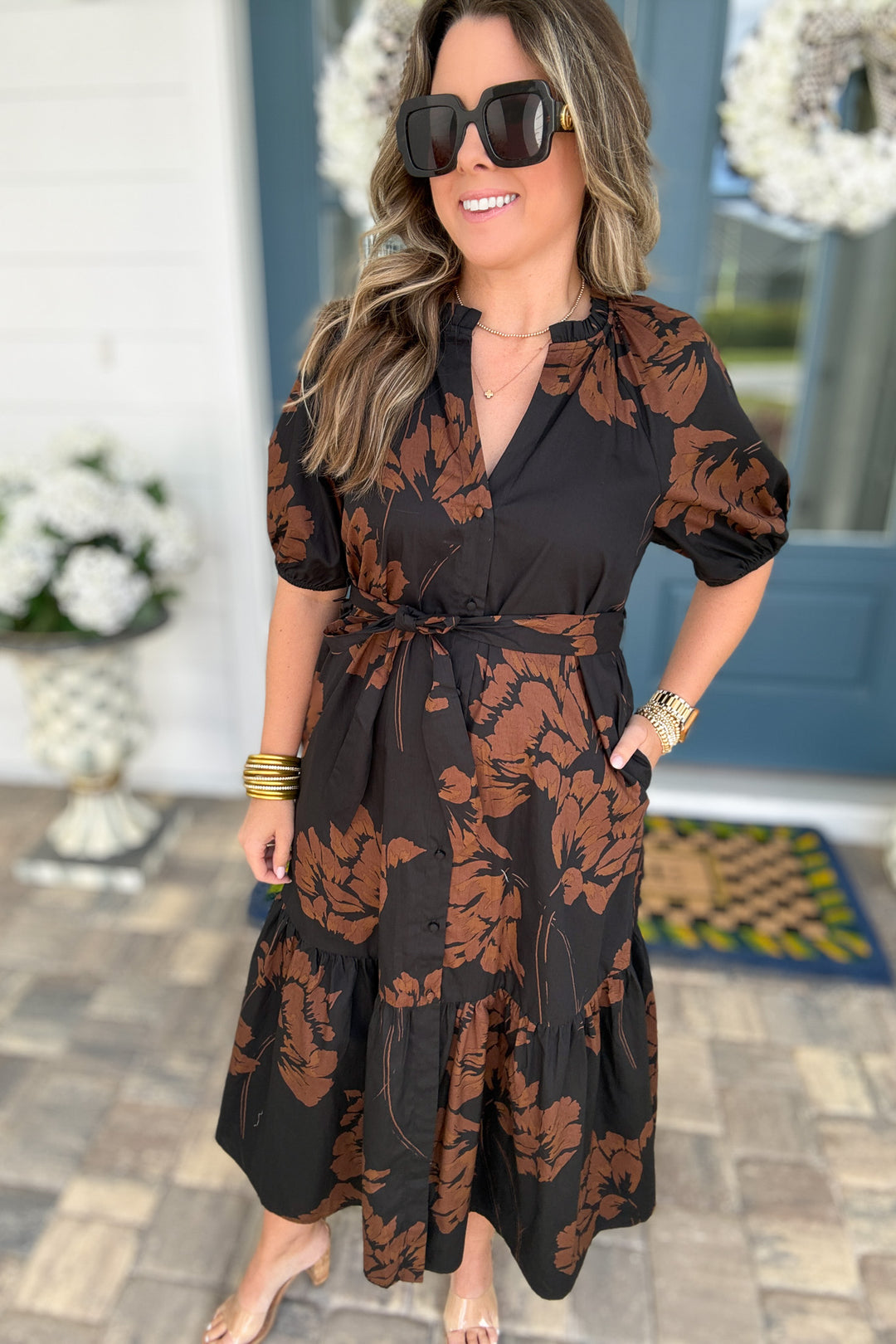 Celina Tiered Midi Dress: Brown