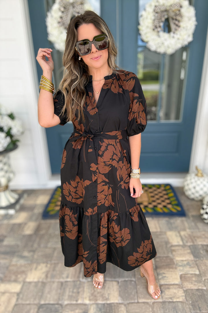 Celina Tiered Midi Dress: Brown